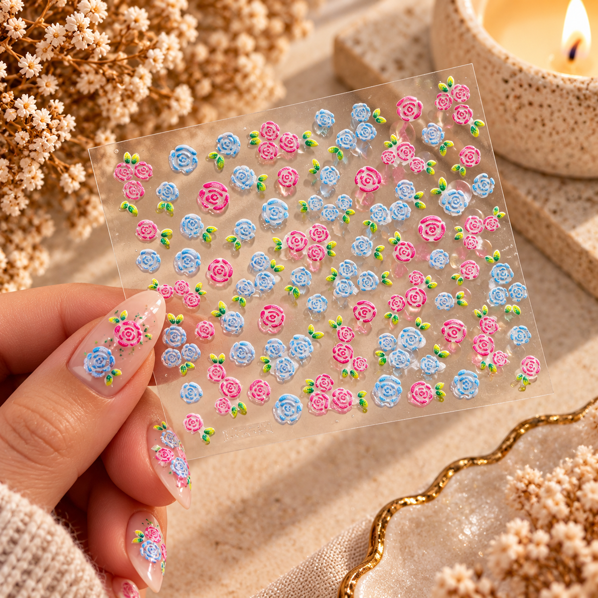 3D Nail Art Stickers – Pink & Blue Roses