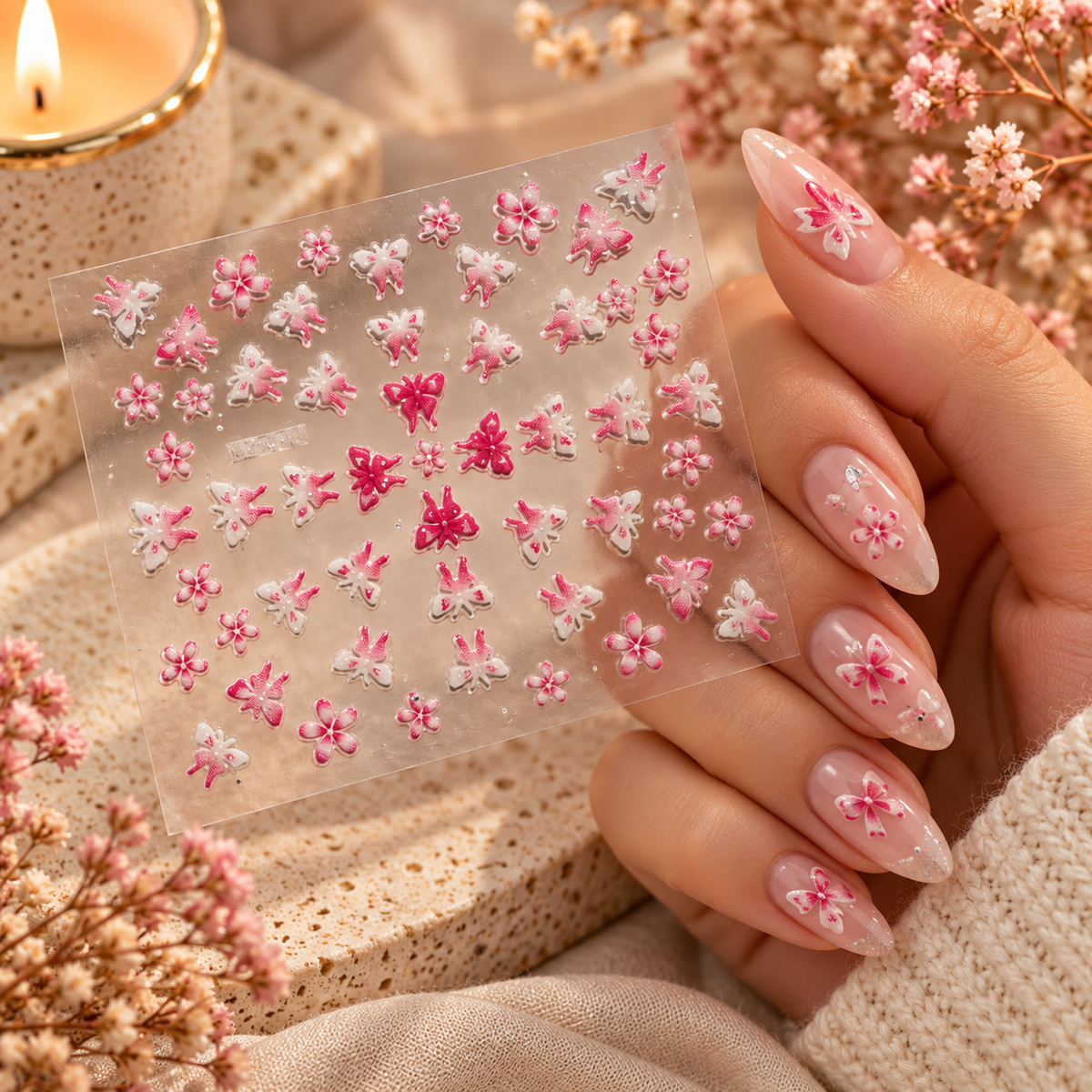 3D Nail Art Stickers – Pink & White Flowers
