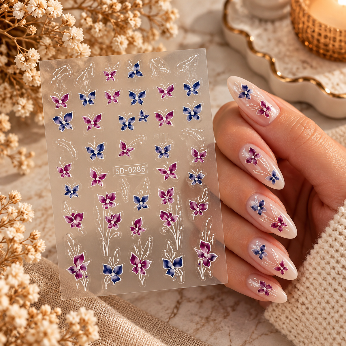 3D Nail Art Stickers – Blue & Purple Butterfly Floral Designs
