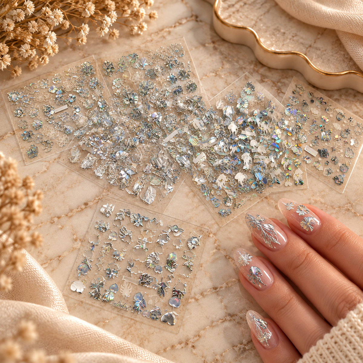 3D Nail Art Stickers – Silver Holographic Floral & Butterfly Designs