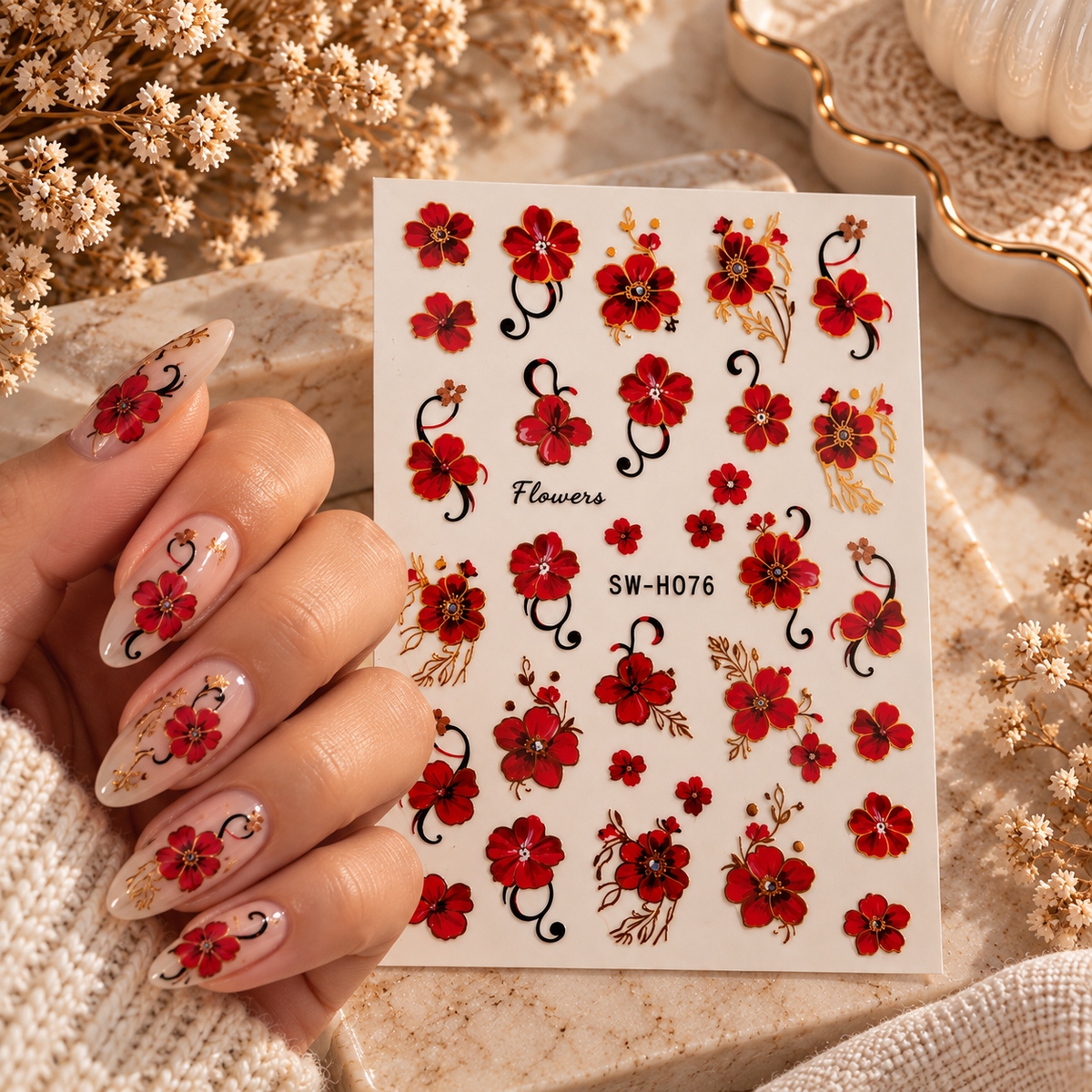 Red Floral Nail Art Stickers – SW-H076