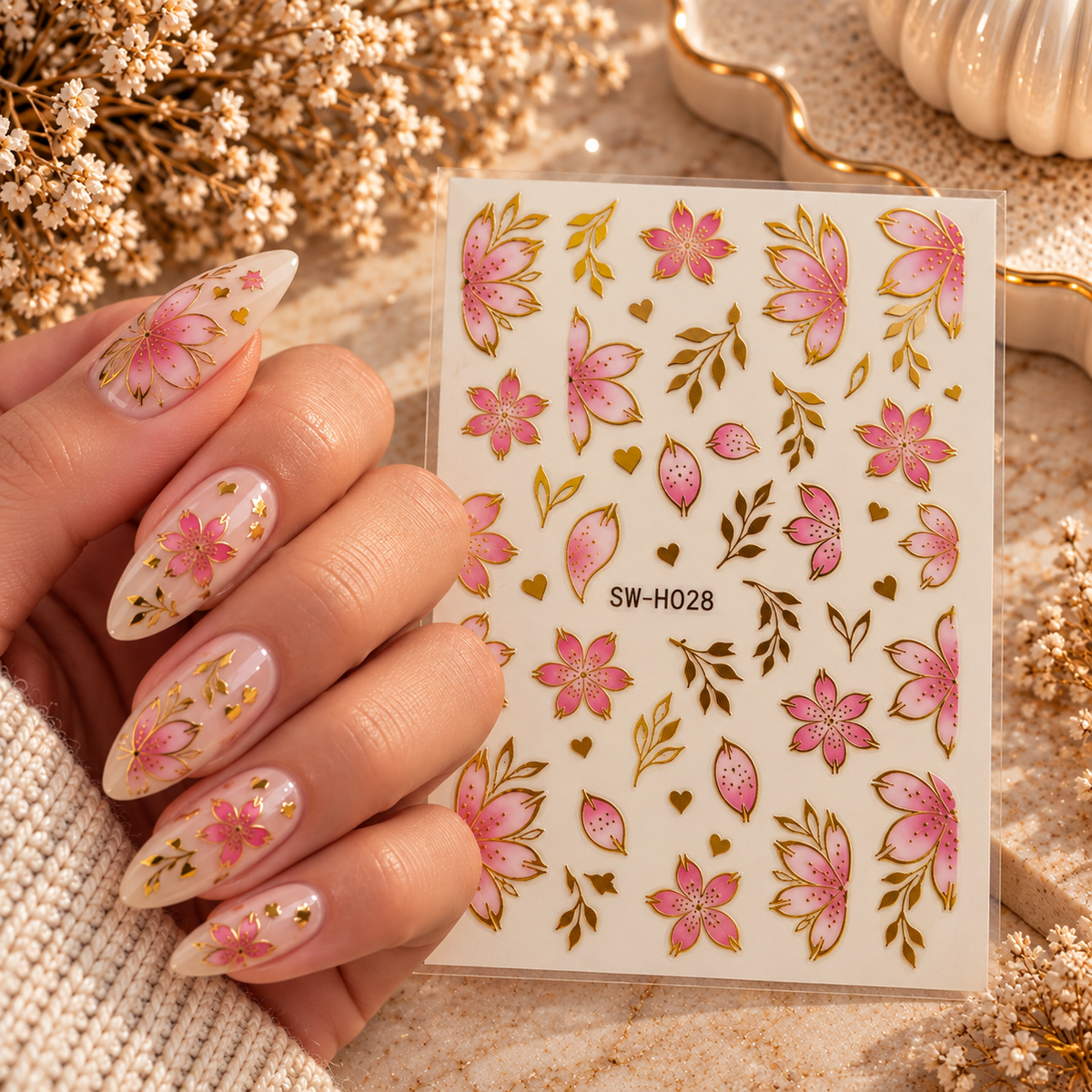 Pink Floral Nail Art Stickers with Gold Accents – SW-H028