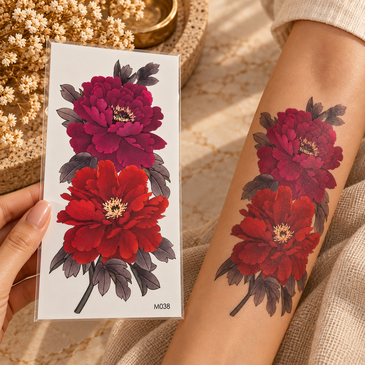 Large Red & Burgundy Floral Temporary Tattoo Sticker
