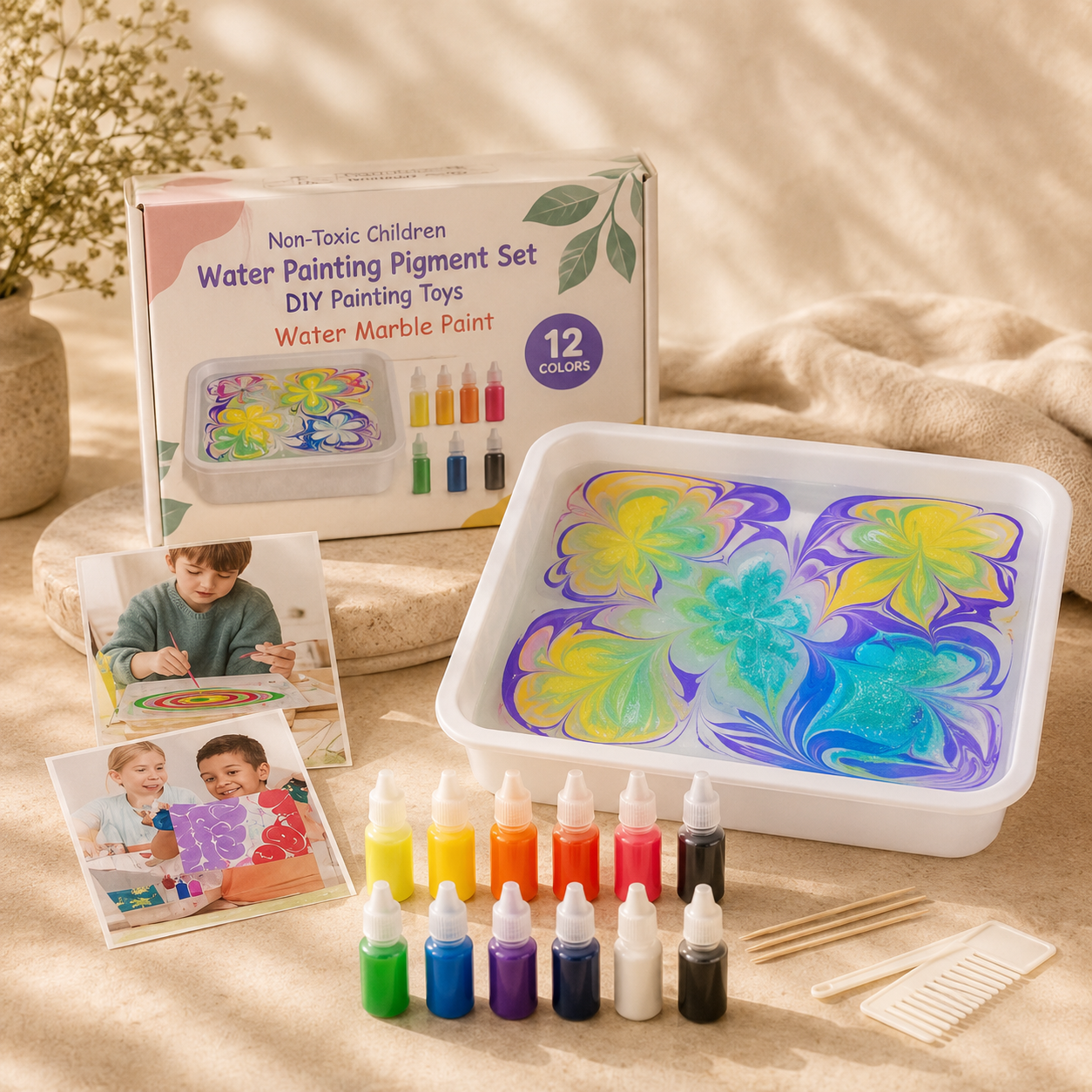 Kids Water Marble Painting Art Kit – 12 Colors