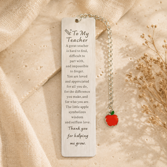 Teacher Appreciation Stainless Steel Bookmark with Apple Charm