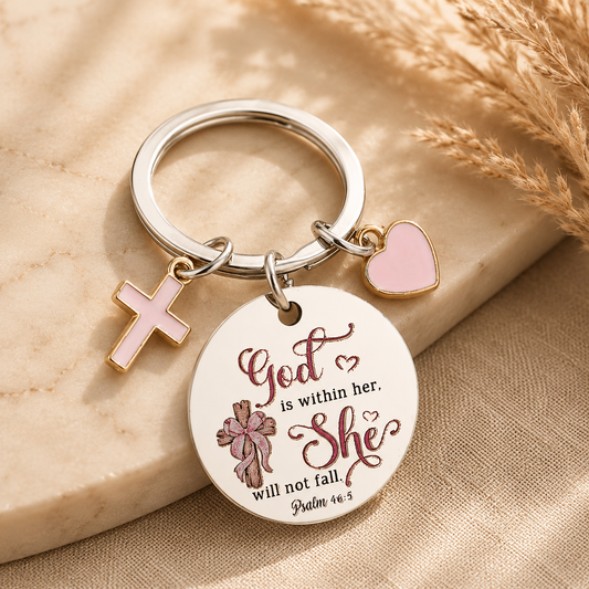 Inspirational Christian Keychain – "God Is Within Her"