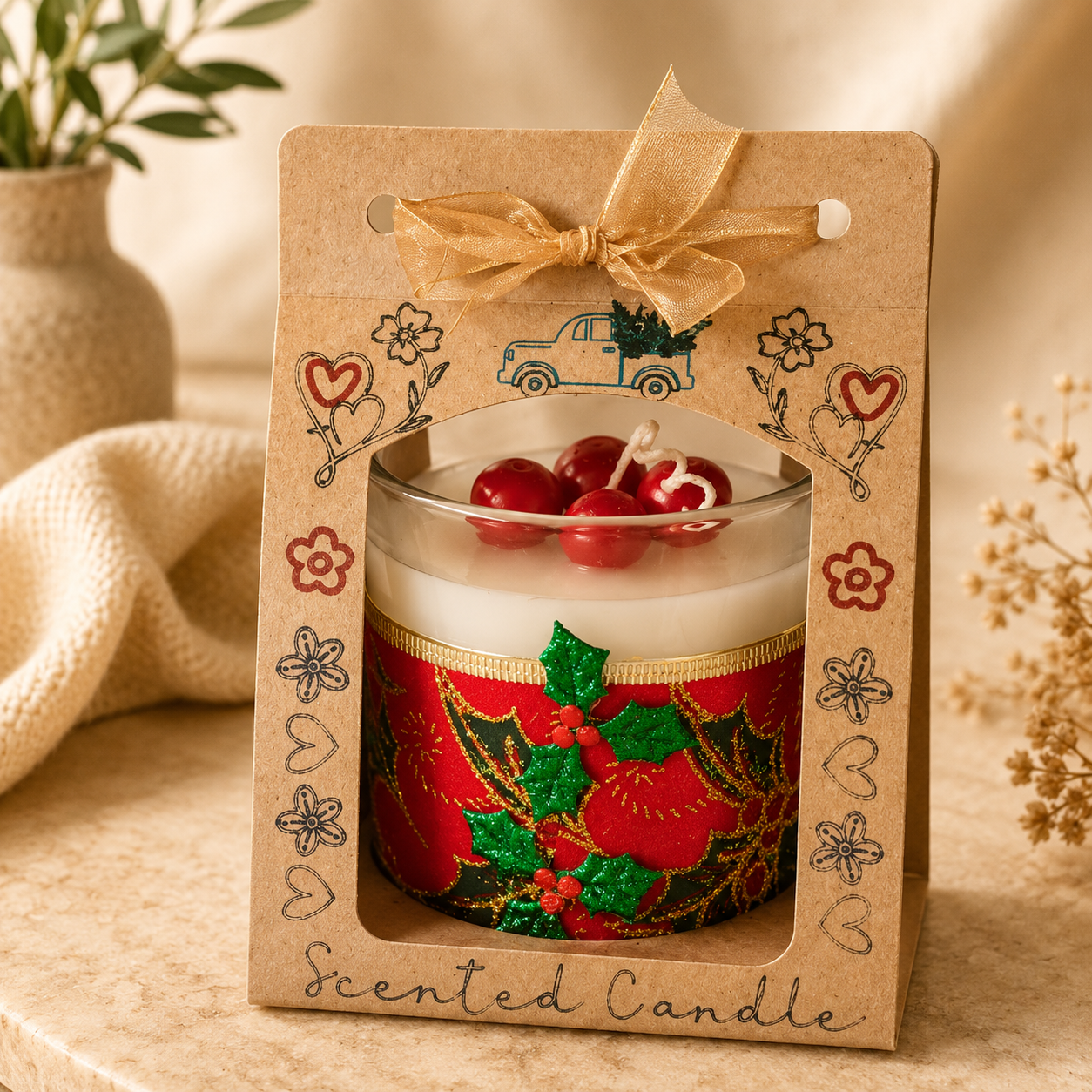 Festive Holly Berry Scented Candle Gift – Christmas Decorative Candle