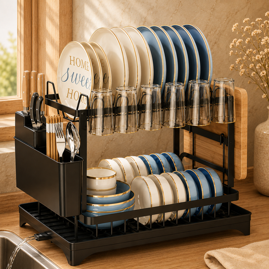 2-Tier Kitchen Dish Drying Rack with Cutlery Holder