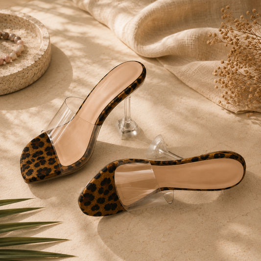 Women's Leopard Print Clear Strap Heeled Mule Sandals