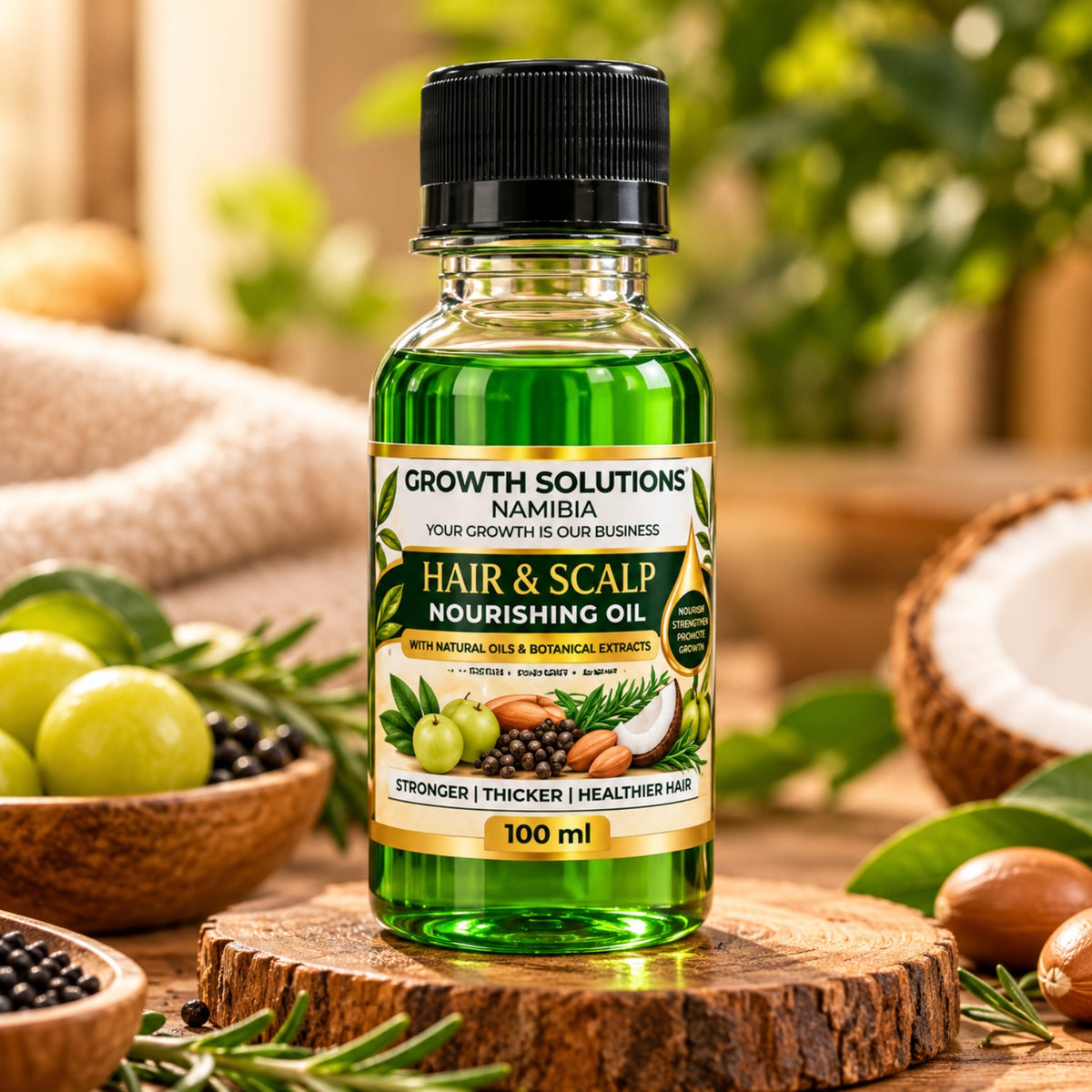 Growth Solutions Namibia Hair & Scalp Nourishing Oil 100ml bottle with botanical ingredients
