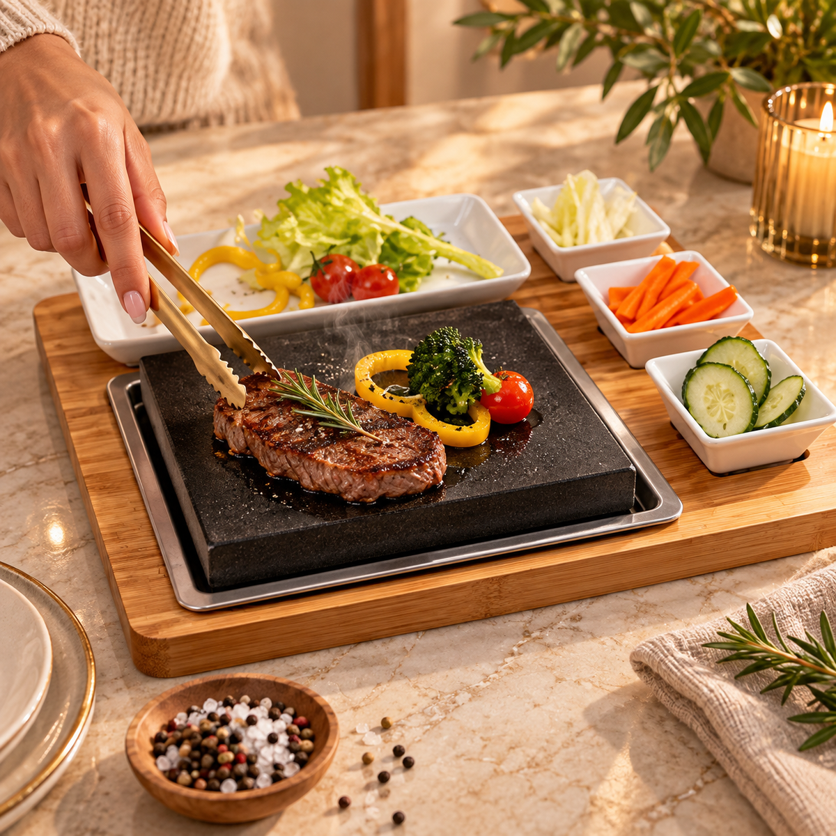 Granite hot stone steak cooking set with wooden serving tray