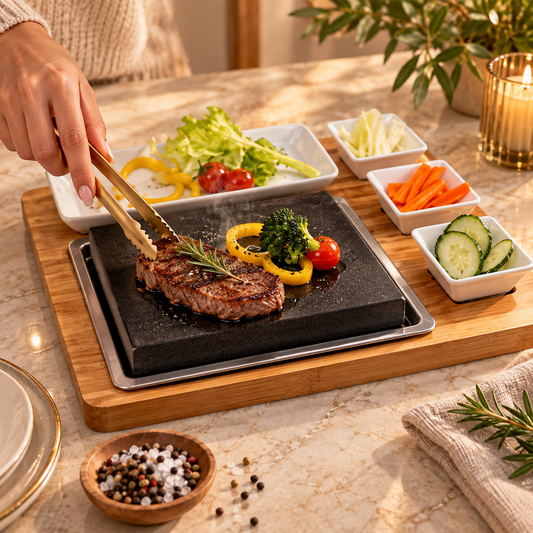 Granite hot stone steak cooking set with wooden serving tray