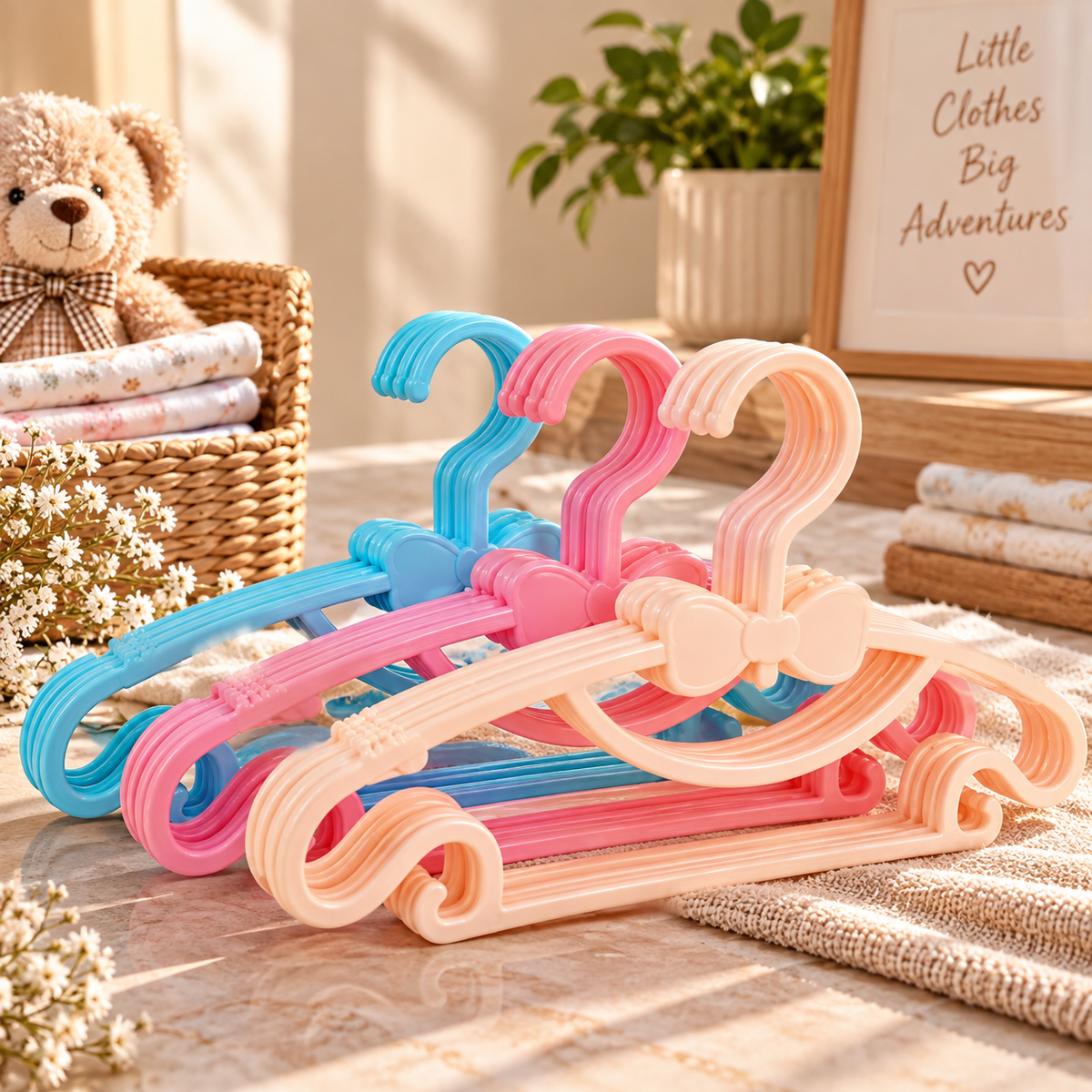 Pink, blue and peach kids bow clothes hangers in a six-piece set