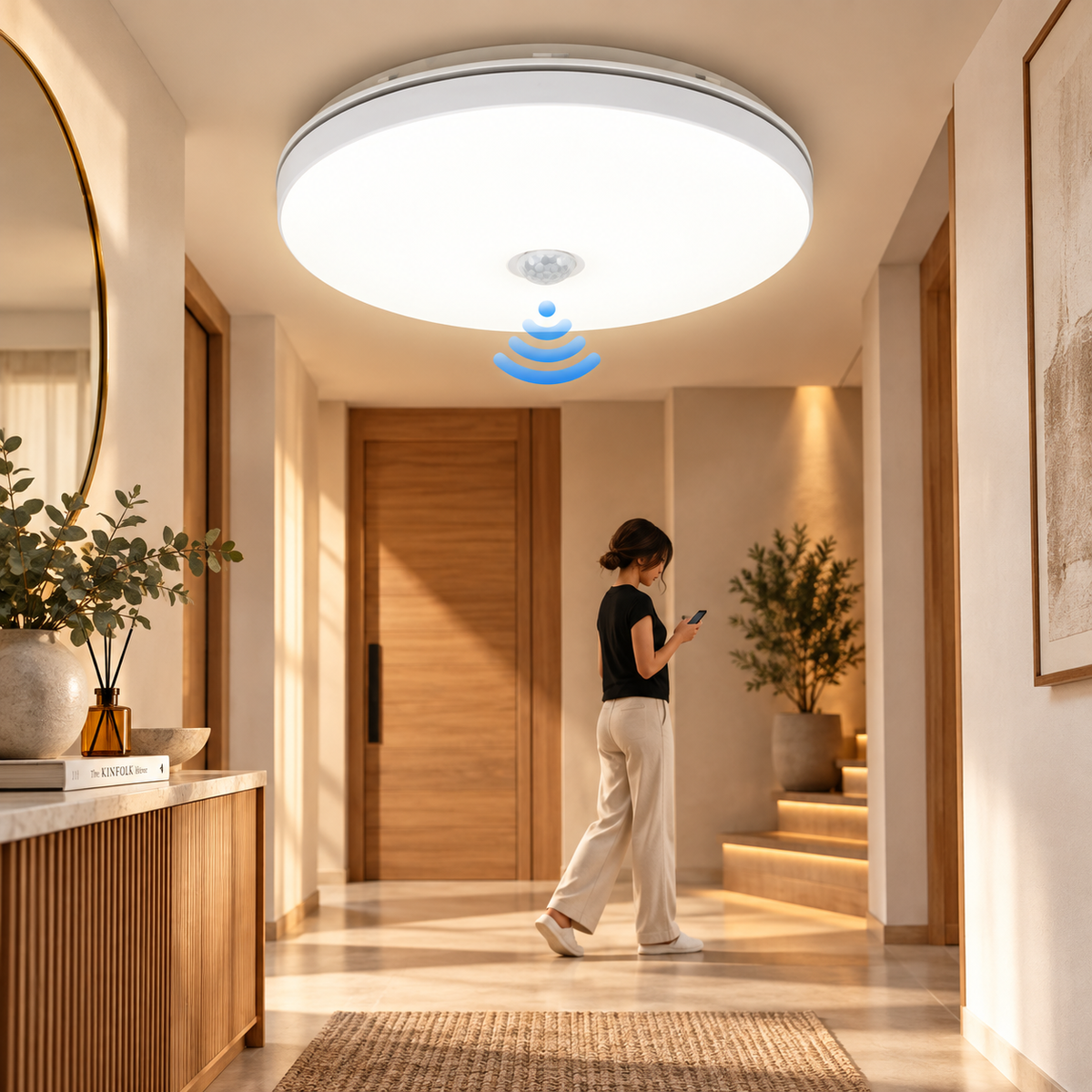 Modern round LED ceiling light with built-in motion sensor in a hallway