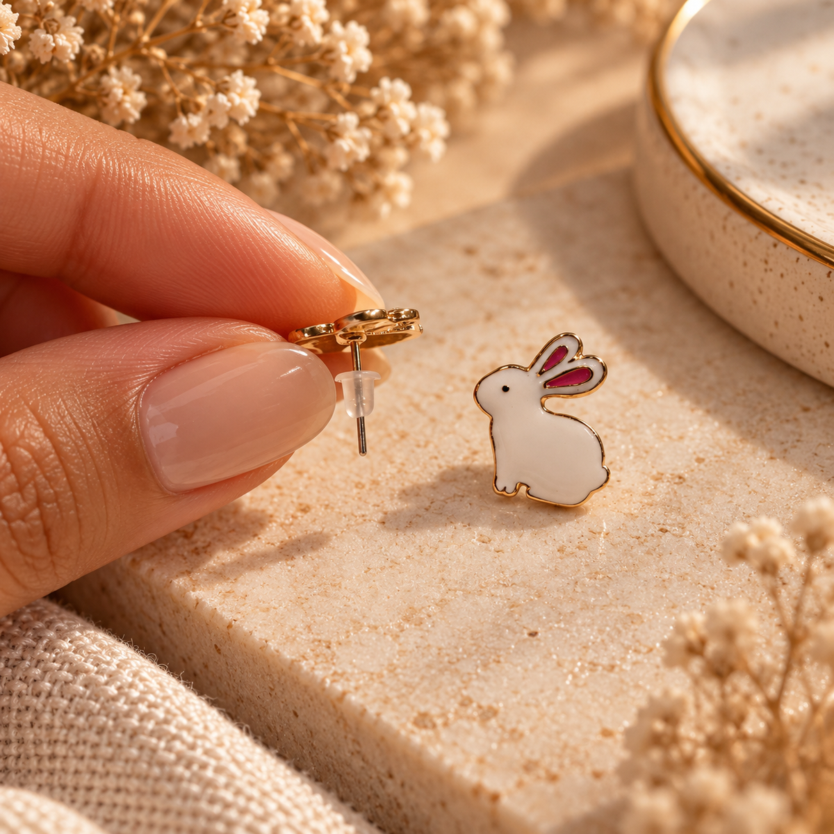 White bunny rabbit stud earrings with pink ear details