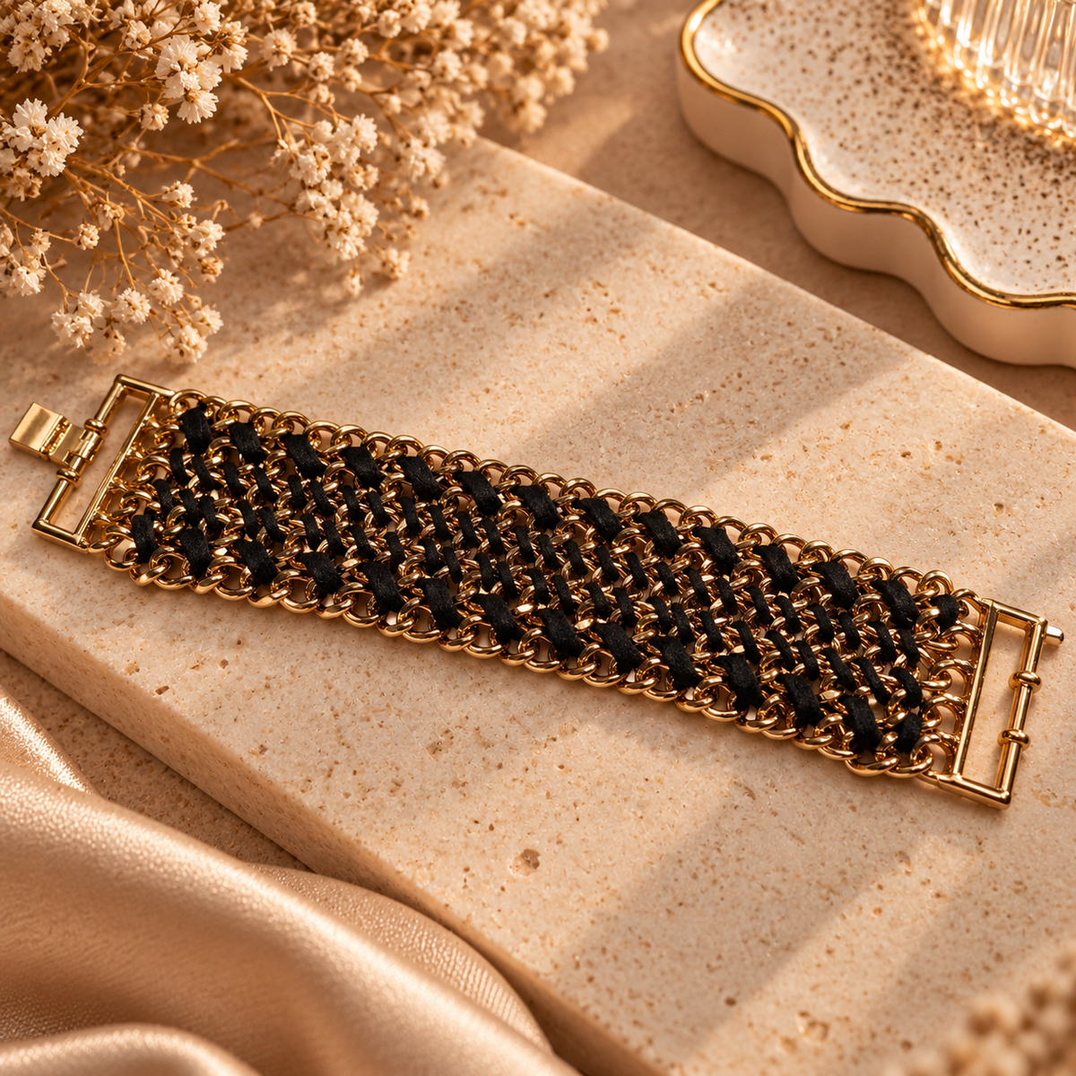 Wide gold-tone chain bracelet with black woven detailing