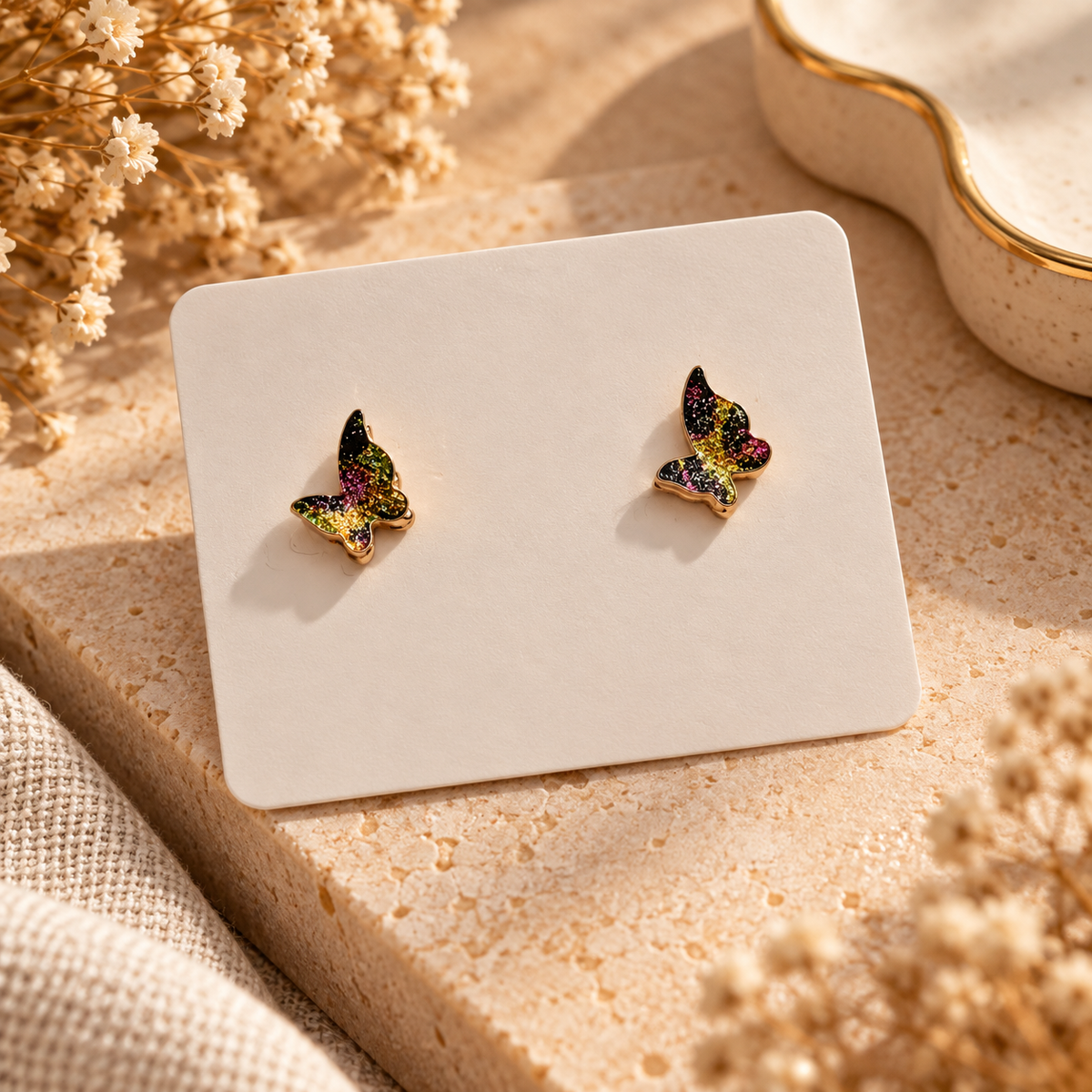 Colourful glitter butterfly stud earrings with gold-tone edging