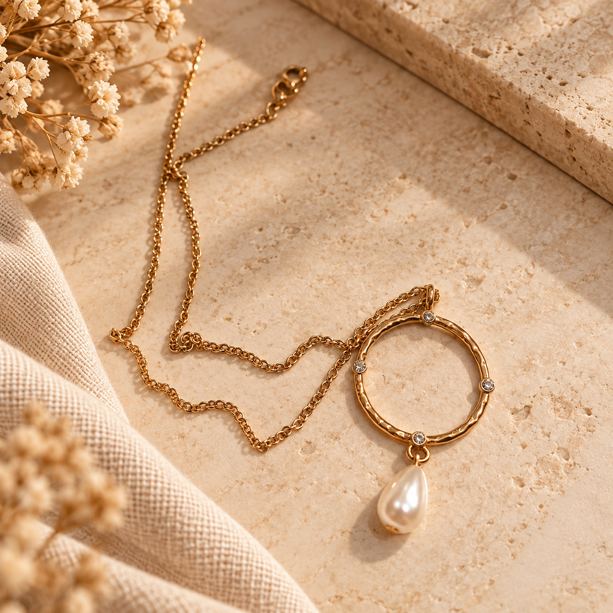 Gold-tone necklace with sparkling open circle pendant and pearl-style drop charm