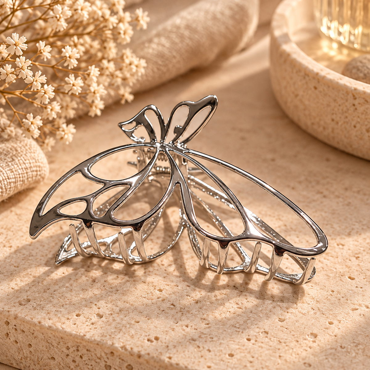 Large silver-tone butterfly hair claw clip with open-wing design