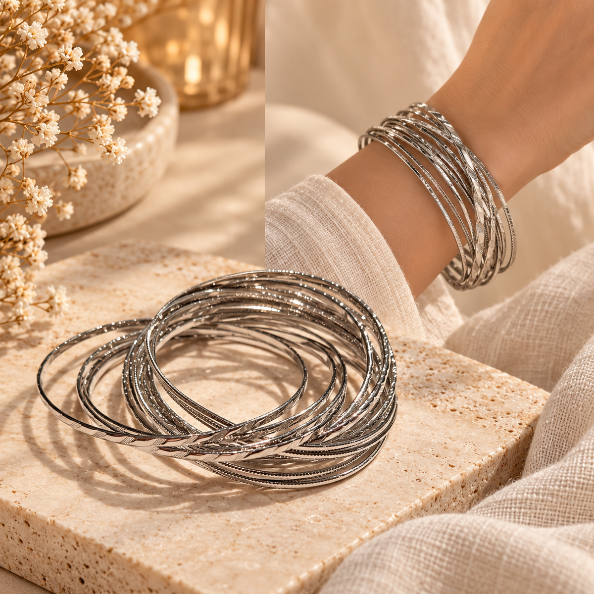 Set of slim silver-tone bangles with mixed smooth and textured finishes
