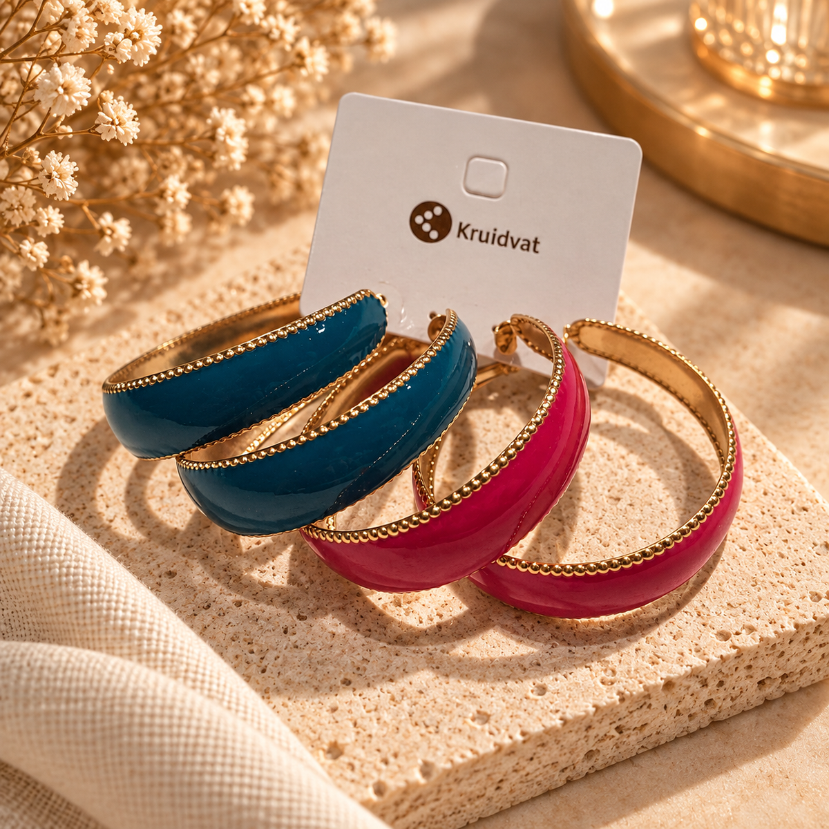 Four-piece blue and pink enamel bangle set with gold-tone beaded trim