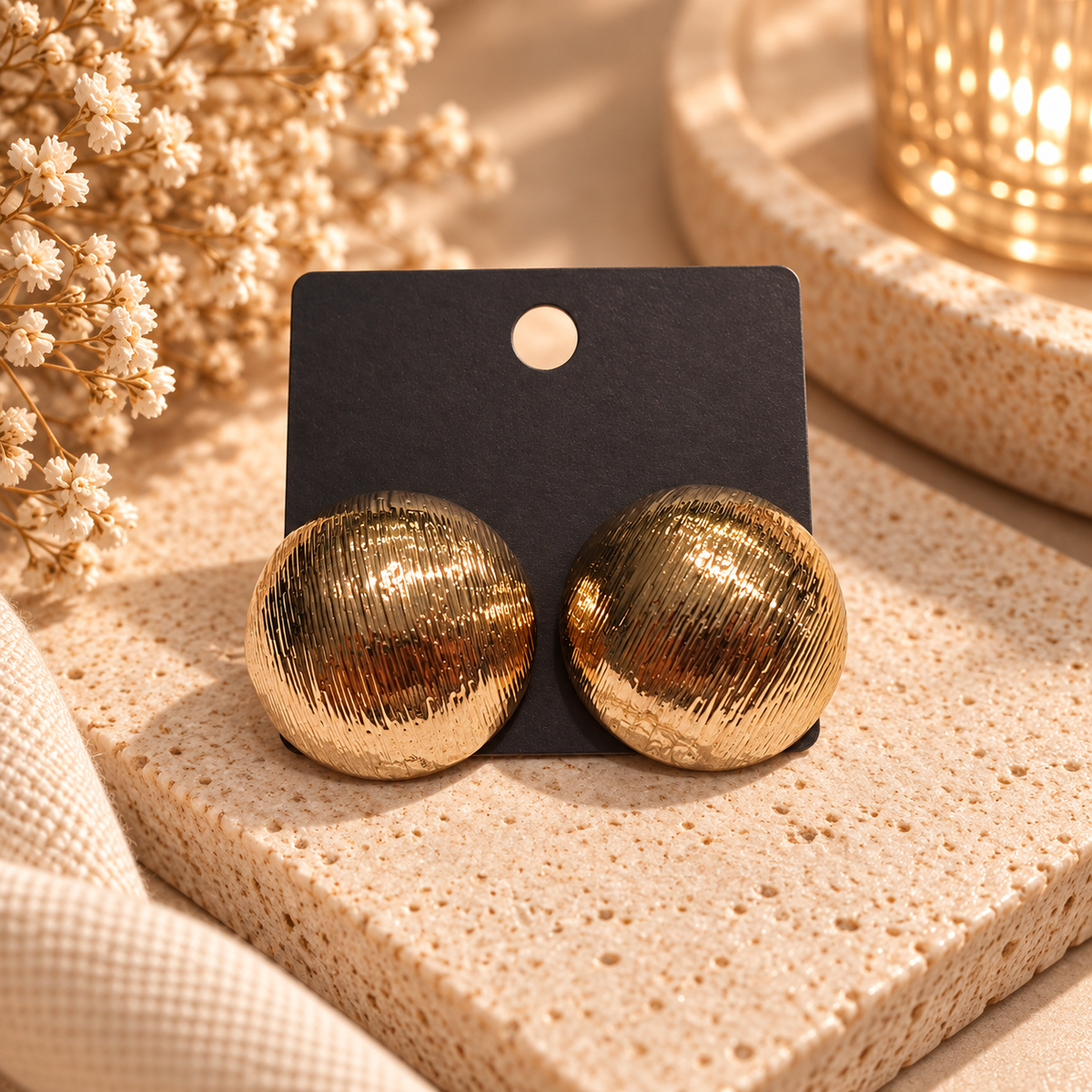 Large round gold-tone stud earrings with a textured ridged finish