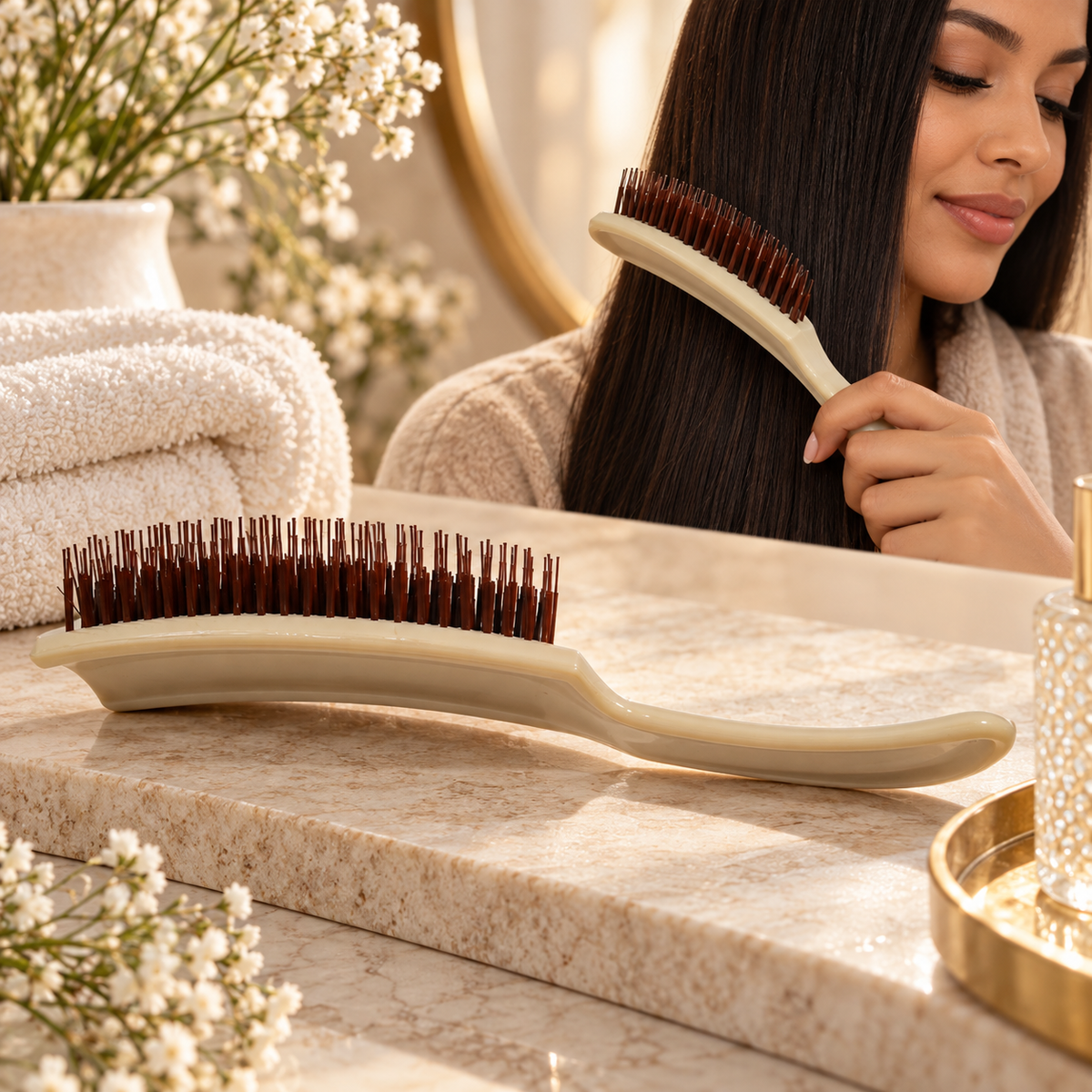 Large cream detangling paddle hair brush with dense flexible bristles and curved handle