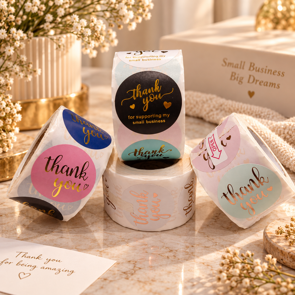 Assorted pastel thank-you sticker rolls for small-business packaging and customer orders