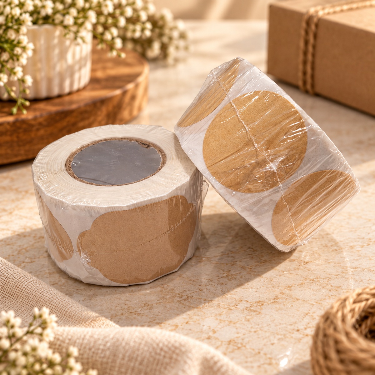 Rolls of natural kraft round self-adhesive labels for packaging and branding