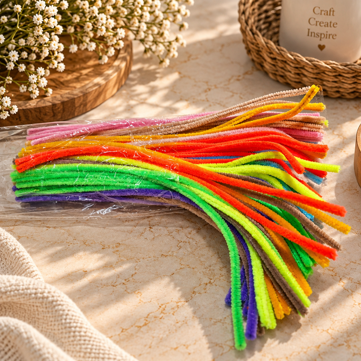Pack of assorted bright-colour flexible chenille pipe cleaner craft sticks
