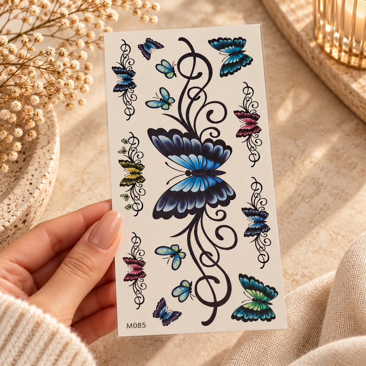 Sheet of large blue and pink butterfly temporary tattoo stickers