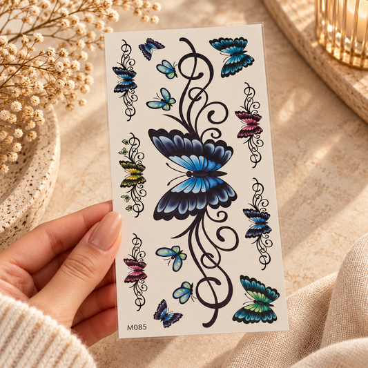 Sheet of large blue and pink butterfly temporary tattoo stickers
