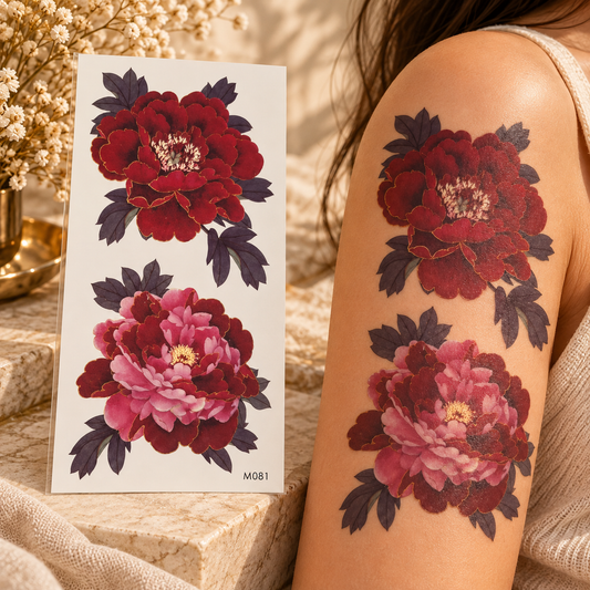 Large burgundy and pink peony temporary tattoo sheet shown applied to an upper arm