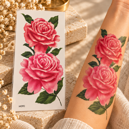Large pink rose temporary tattoo sheet shown applied to a forearm