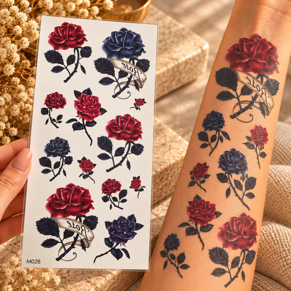 Red and blue rose temporary tattoo sticker sheet with Love ribbon details beside an arm wearing the tattoos