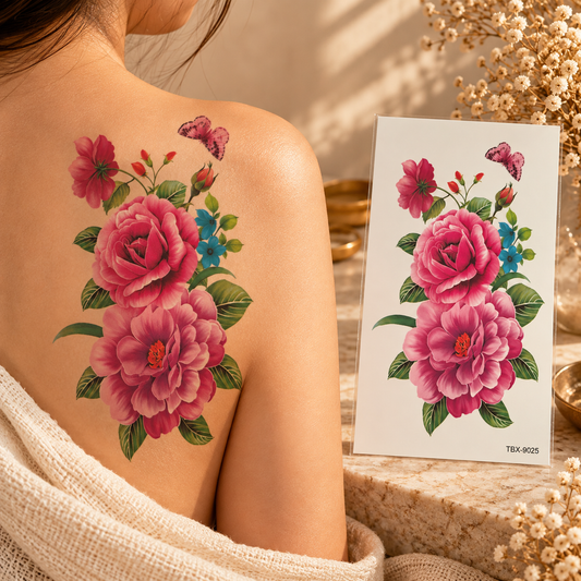 Pink floral bouquet temporary tattoo with blue flowers, green leaves and a pink butterfly, shown on a shoulder beside the sheet