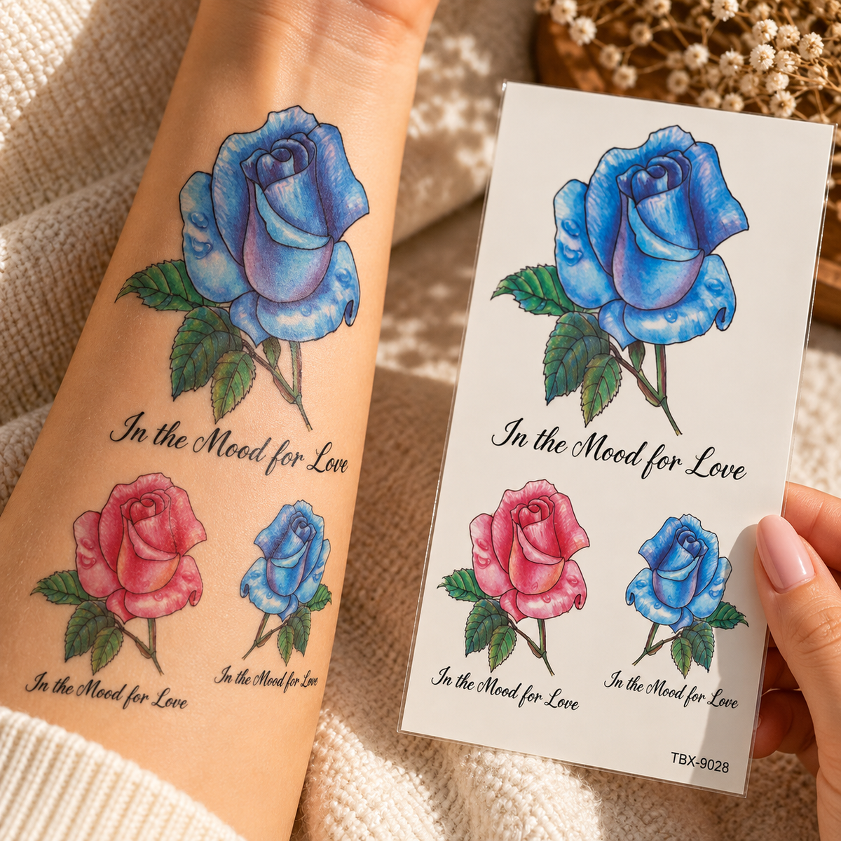 Blue and pink rose temporary tattoo designs with In the Mood for Love script, shown on an arm beside the tattoo sheet