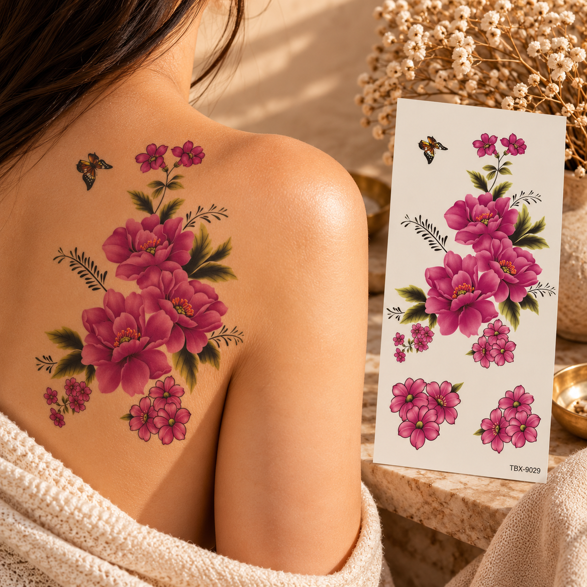 Pink blossom bouquet temporary tattoo with smaller flower clusters and a butterfly shown on a shoulder and tattoo sheet