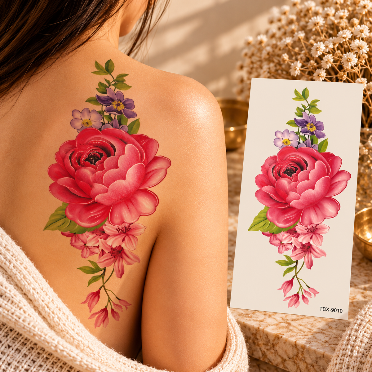 Large red-pink flower temporary tattoo with purple and pink blossoms and green foliage shown on a shoulder and tattoo sheet
