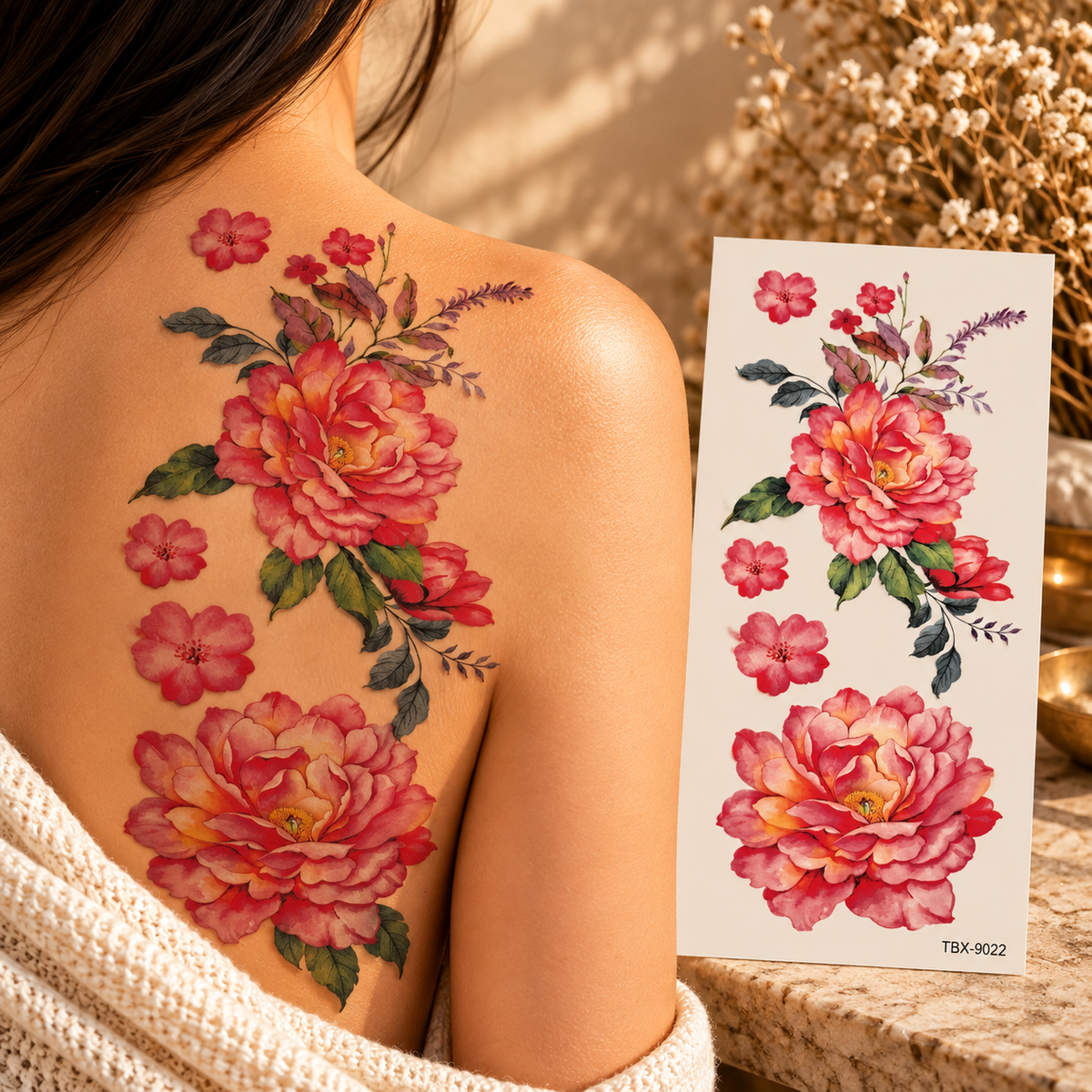 Coral and pink peony-style temporary tattoos with purple sprigs and green leaves shown on a shoulder and sheet