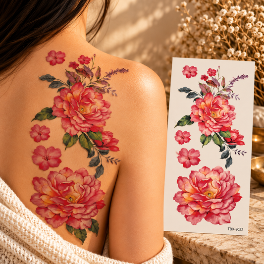 Coral and pink peony-style temporary tattoos with purple sprigs and green leaves shown on a shoulder and sheet
