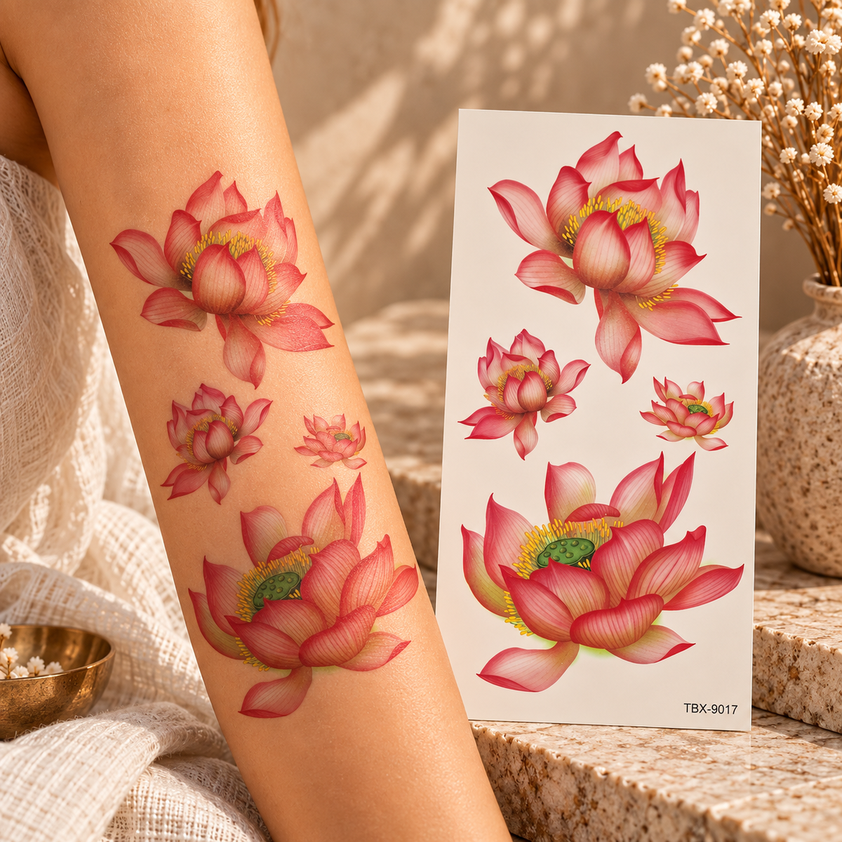 Pink lotus flower temporary tattoos in multiple sizes with layered petals and golden centers, shown on an arm and sheet