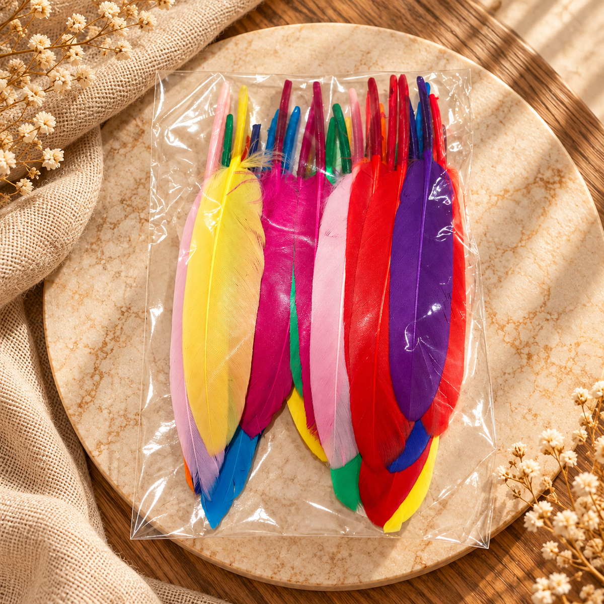 Assorted brightly coloured craft feathers in a clear pack