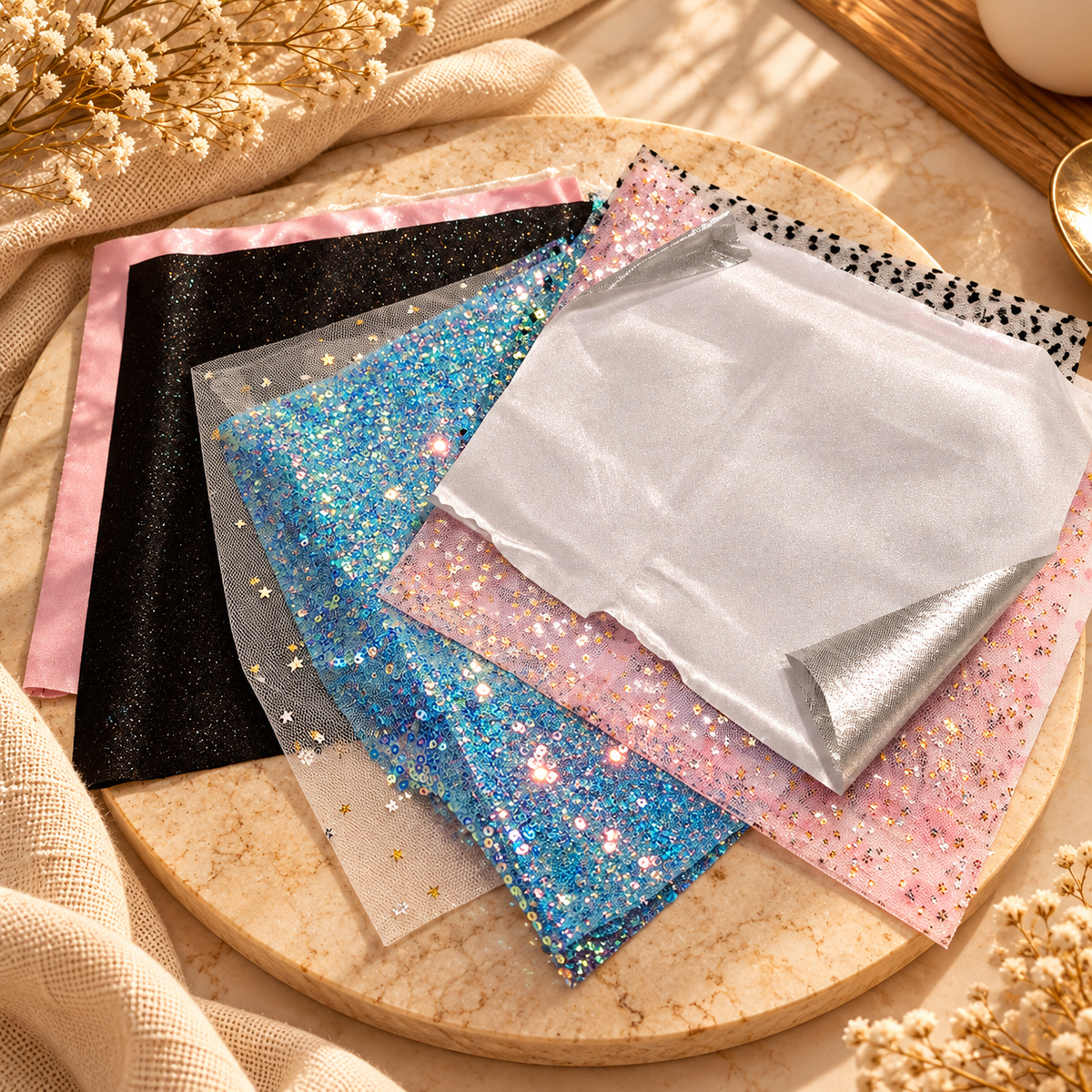 Assorted decorative craft fabric sheets in glitter, shimmer, metallic and mesh finishes