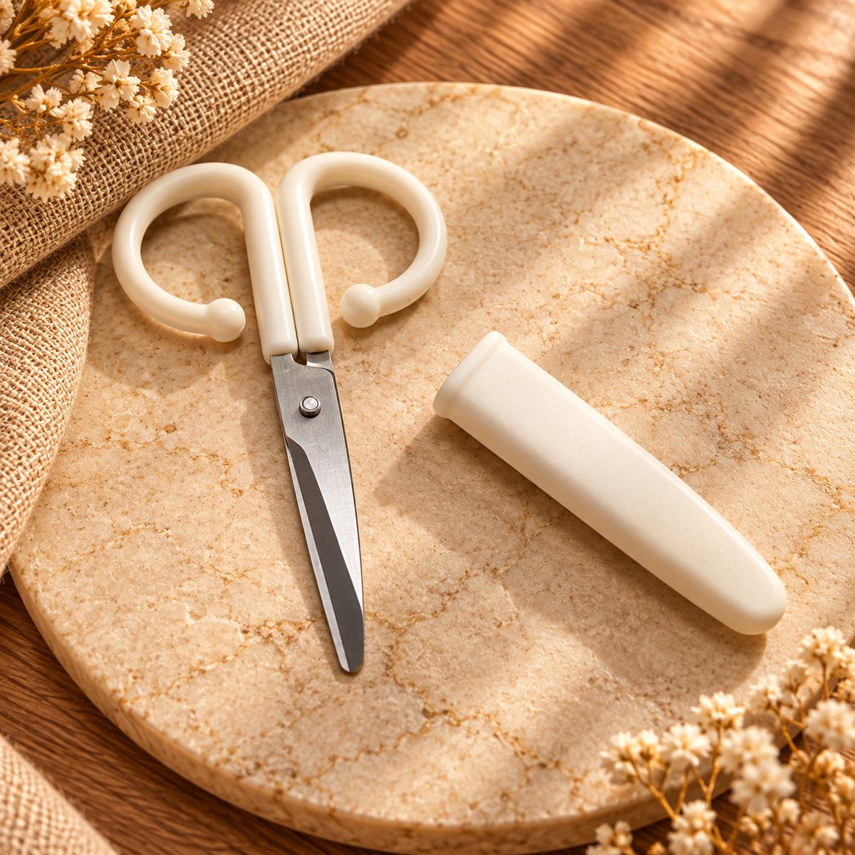 Compact craft scissors with rounded tips and a protective blade cover