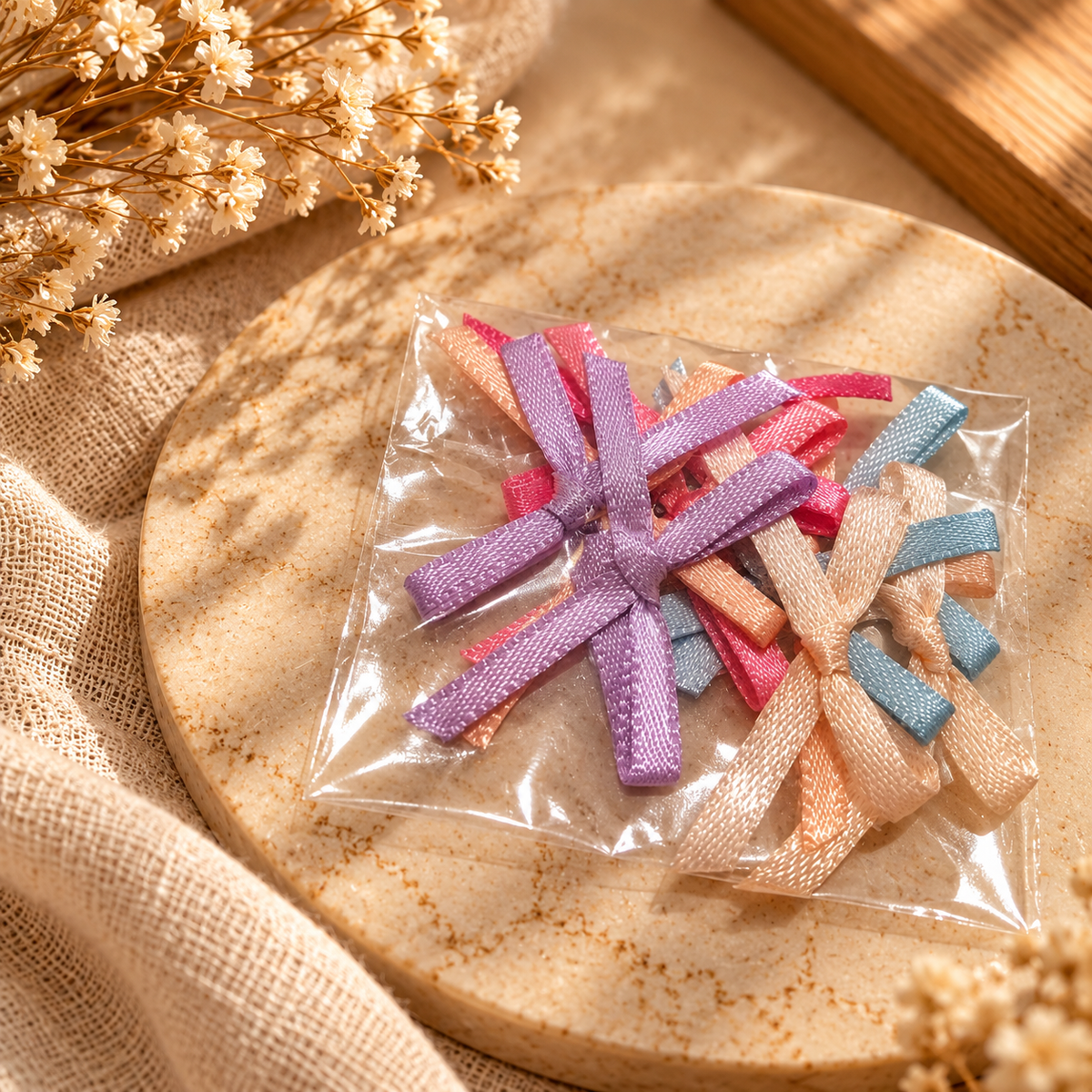 Small pre-tied satin ribbon bows in assorted pastel and bright colours