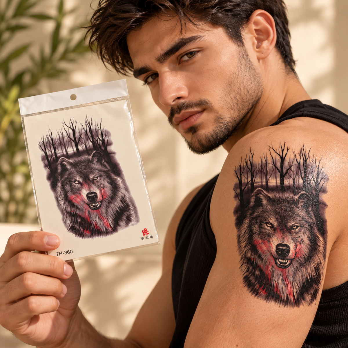 Wolf temporary tattoo TH-360 showing a detailed wolf, forest background and red accents