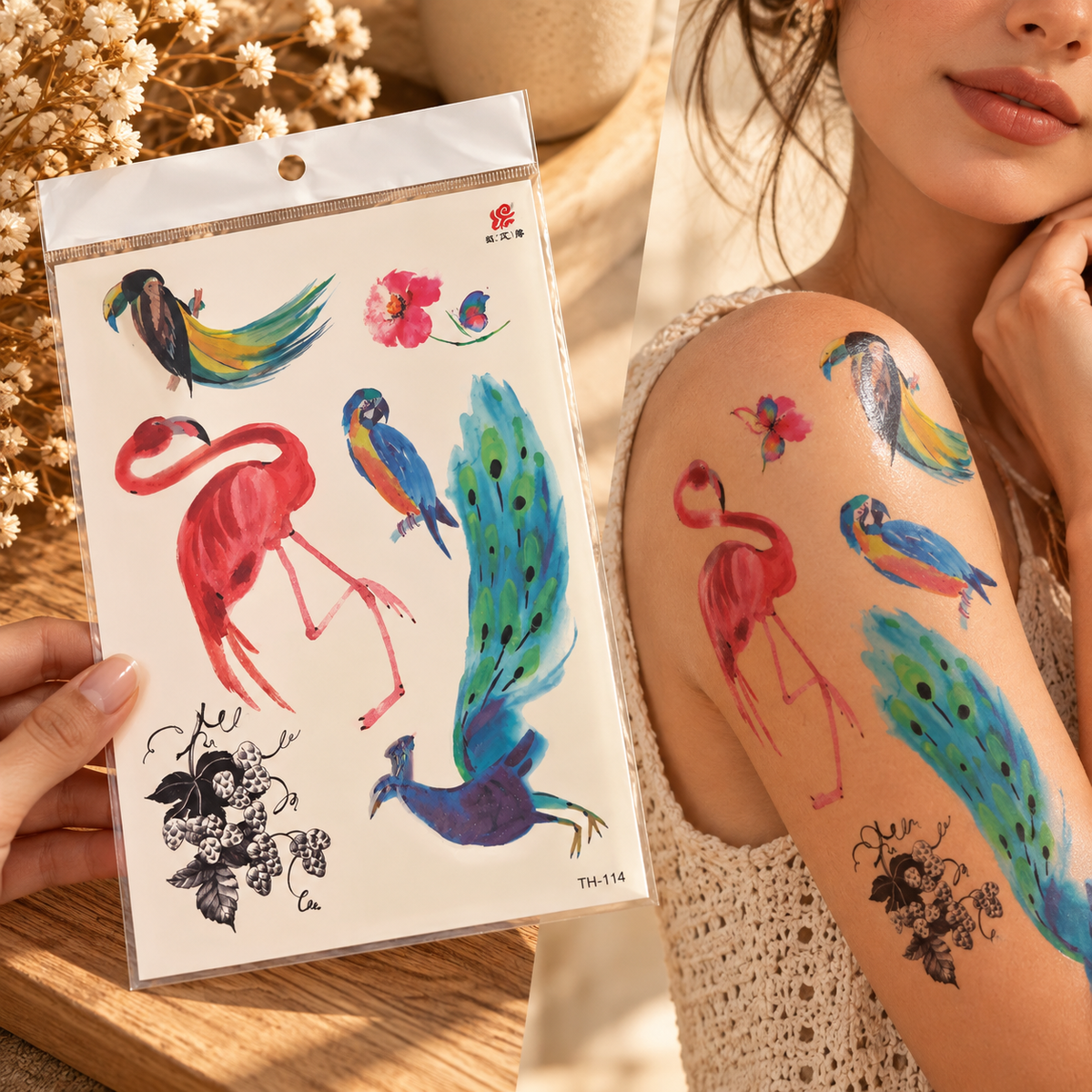 Tropical temporary tattoo sheet TH-114 with flamingo, peacock, birds, flower and butterfly designs