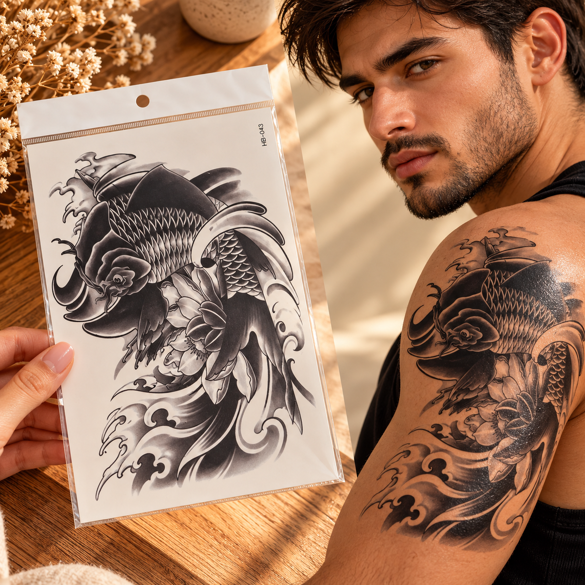 Large black-and-grey Japanese-style koi fish temporary tattoo HB-043 with floral artwork and waves