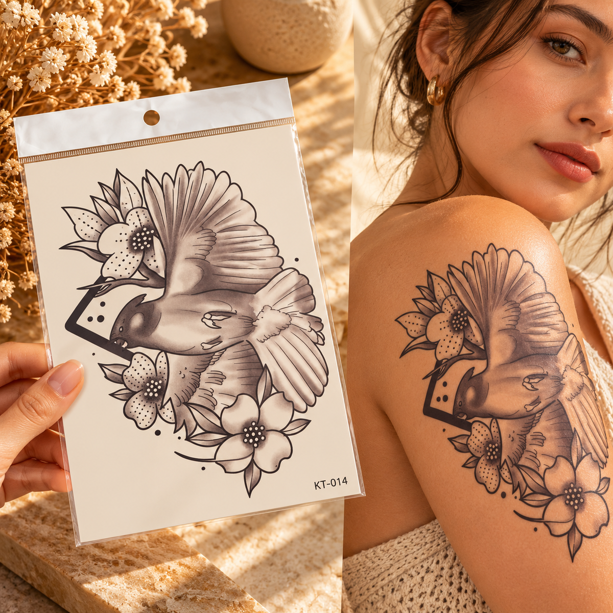 Black-and-grey flying bird temporary tattoo KT-014 surrounded by floral elements